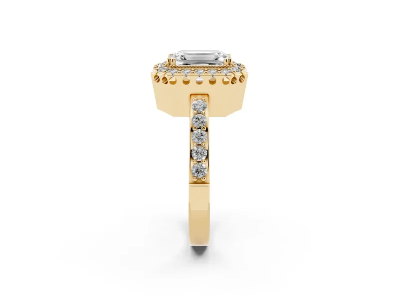 Emerald Cut Vintage Milgrain Halo Engagement Ring Setting | Pierced Gallery | Yellow Gold