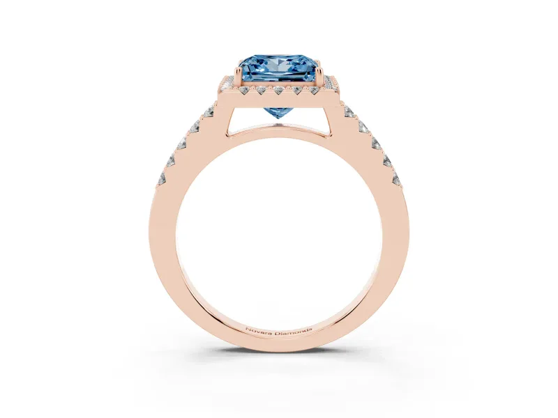Princess Cut Halo Engagement Ring Setting for a Fancy Blue Lab-Grown Diamond | Single Row Pavé Band | Rose Gold