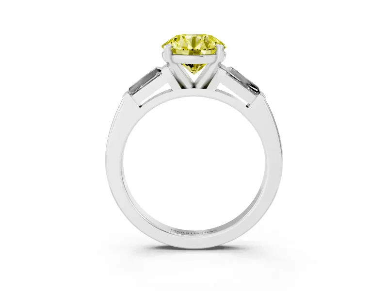 Fancy Yellow Round Cut Diamond Solitaire Ring Set in Platinum with Tapered Baguette Side Stones and Prong Setting