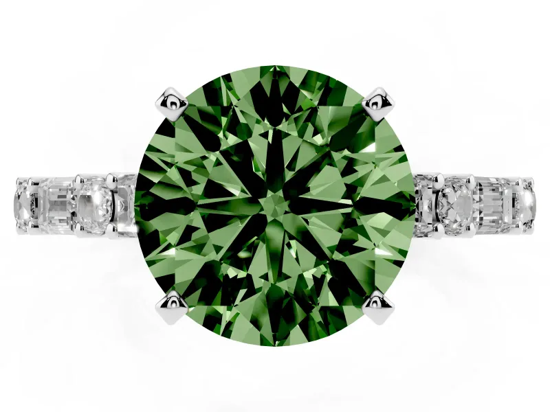 Fancy Green Round Cut Diamond Solitaire Set in Platinum with Side Baguettes and Channel Set Band