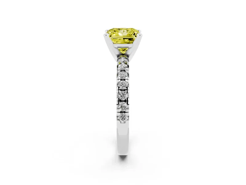 Fancy Yellow Princess Cut Diamond Solitaire Pavé Engagement Ring Set in Platinum with Round Band and Prong Setting