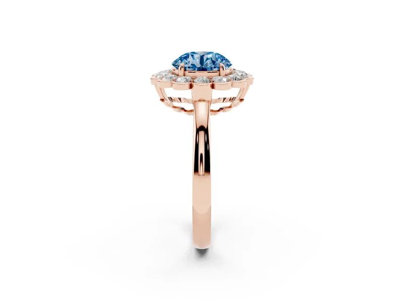 Round Scalloped Cluster Halo Engagement Ring Setting for a Fancy Blue Lab-Grown Diamond | Plain Band | Rose Gold