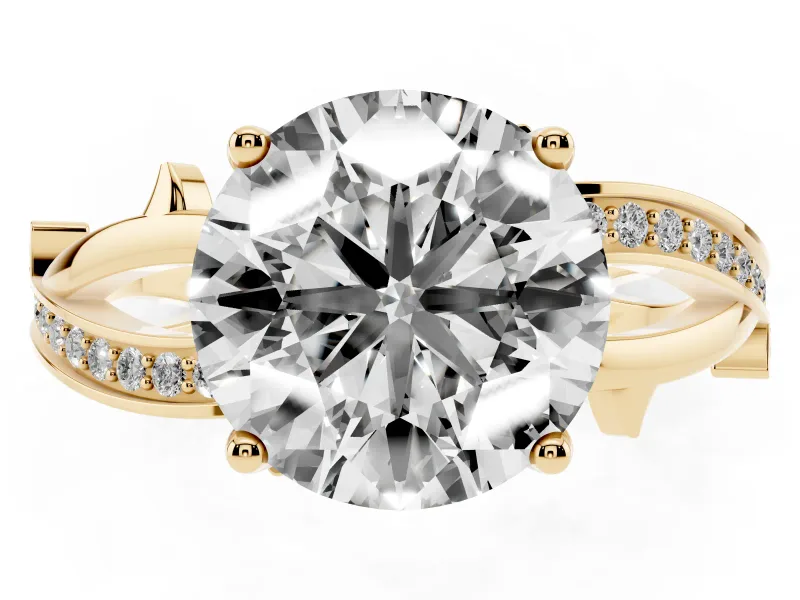 Round Cut Diamond Pavé Twist Band Solitaire Ring Set in Yellow gold with Prong Setting