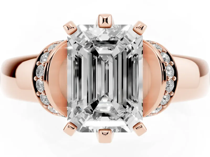 Emerald Cut Pavé Collar Solitaire Engagement Ring Setting | Wide Polished Band | Rose Gold