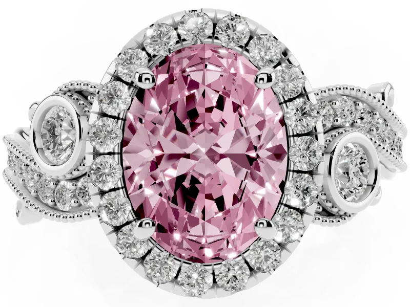 Fancy Pink Oval Cut Diamond Halo Ring Set in Silver with Milgrain Pavé Band and Prong Setting