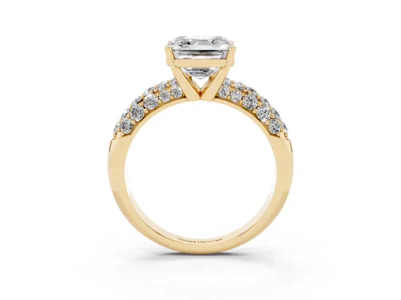 Asscher Cut Multi Row Pave Solitaire Engagement Ring Setting | Domed Shoulders | Yellow Gold