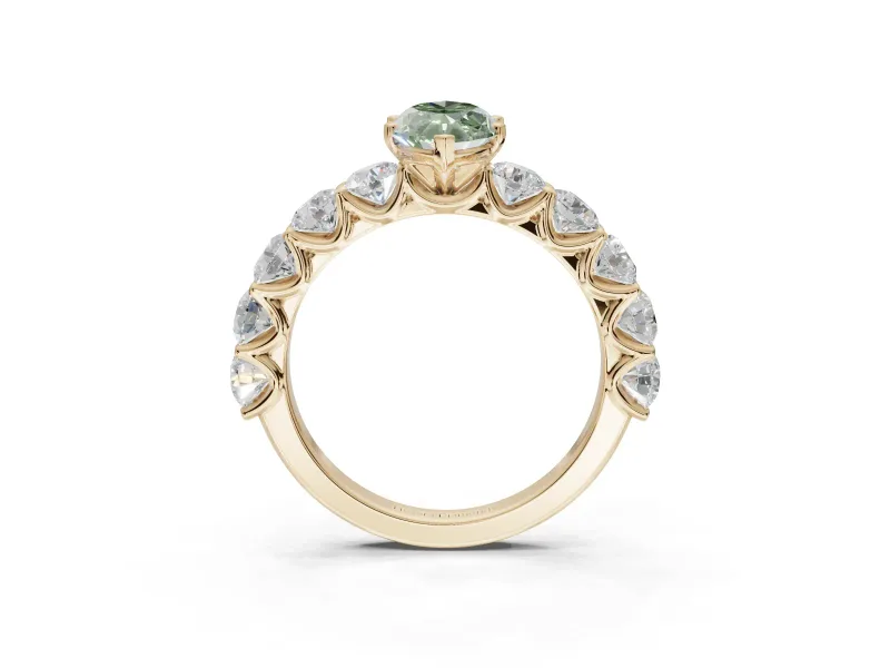 Marquise Side Stone Engagement Ring Setting for a Fancy Green Lab-Grown Diamond | Scalloped Prong Accents | Yellow Gold