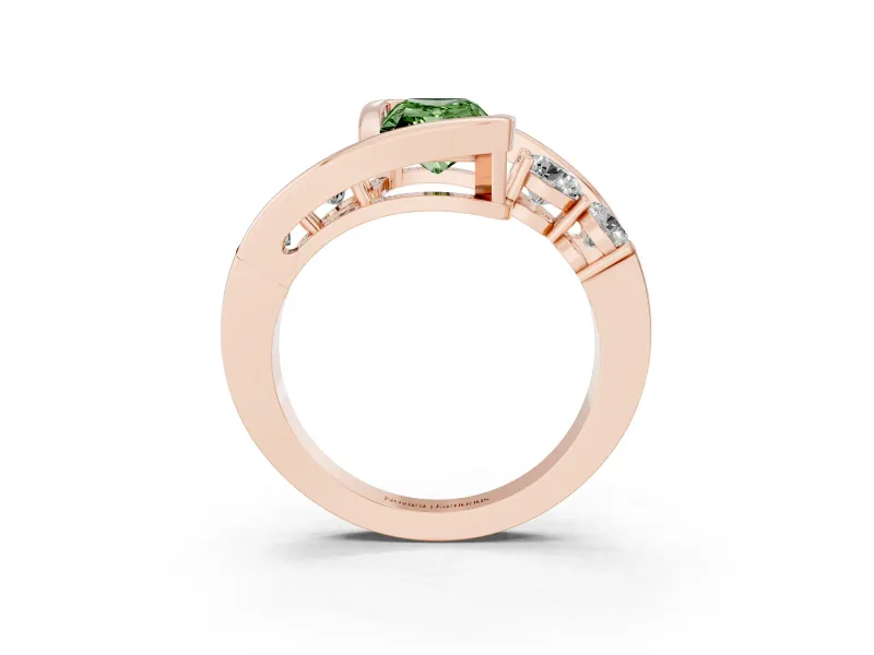 Fancy Green Radiant Cut Diamond Bezel Bypass Ring Set in Rose gold with Round Accents