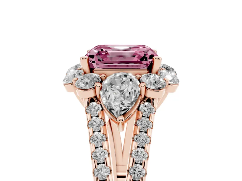 Fancy Pink Asscher Cut Diamond Halo Split Shank Engagement Ring Set in Rose gold with Prong-Held Center Stone