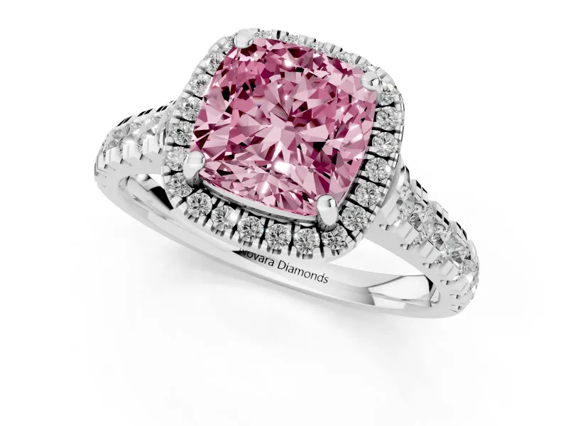 Cushion Cut Halo Engagement Ring Setting for a Fancy Pink Lab-Grown Diamond | Shared Prong Shoulders | Sterling Silver