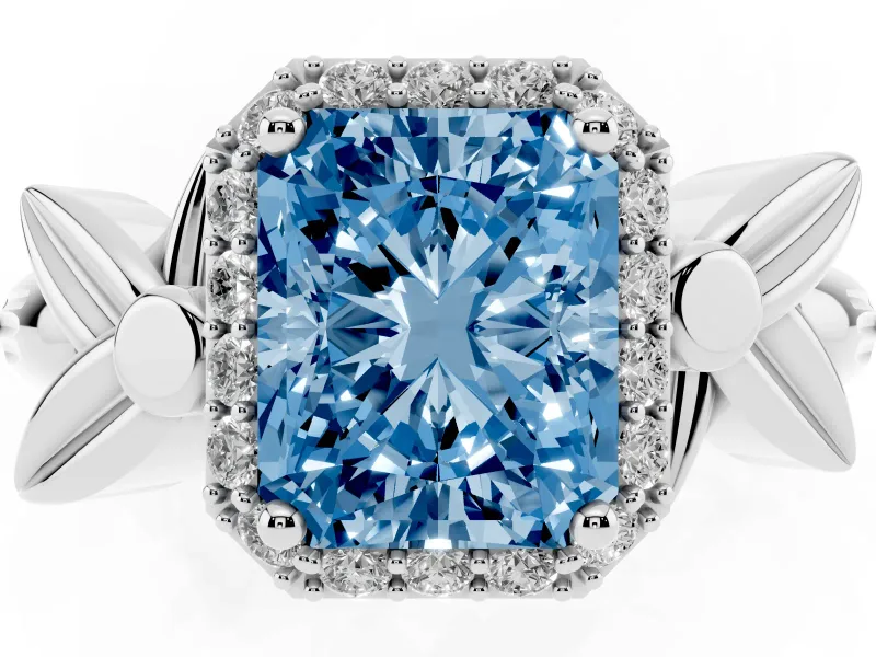 Radiant Cut Floral Halo Engagement Ring Setting for a Fancy Blue Lab-Grown Diamond | Platinum
