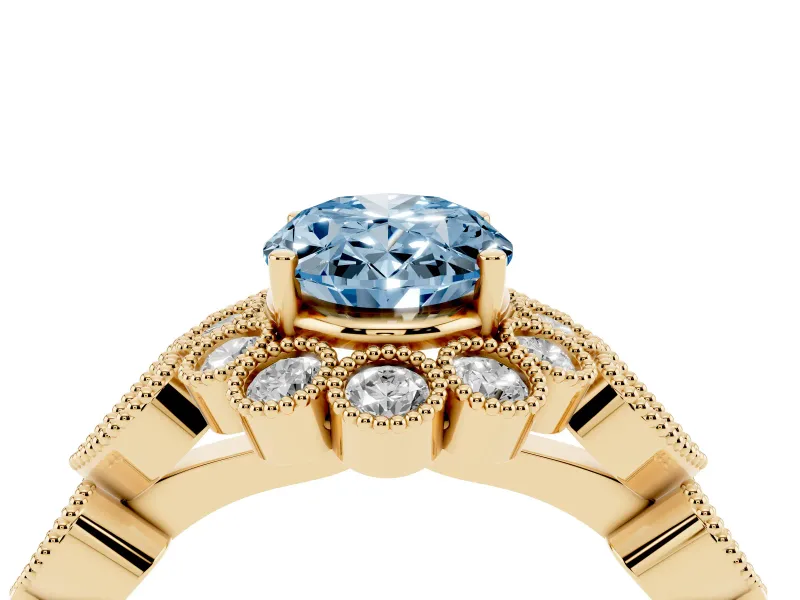 Oval Scalloped Halo Engagement Ring Setting for a Fancy Blue Lab-Grown Diamond | Heart Pavé Band | Yellow Gold