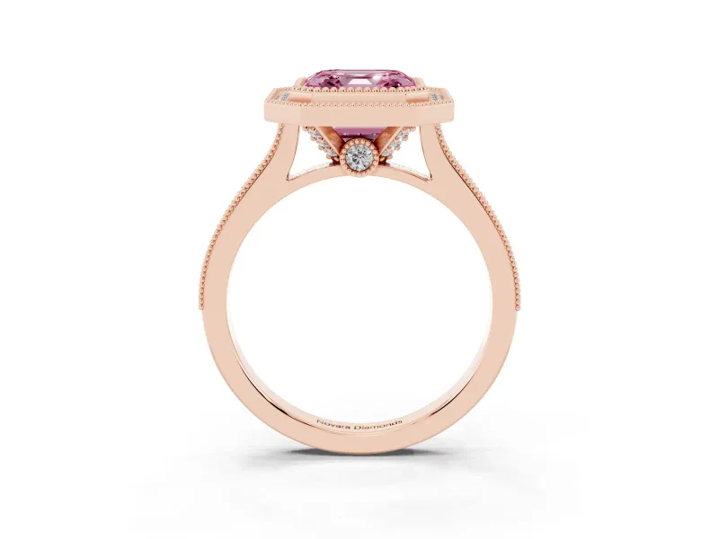 Asscher Cut Vintage Milgrain Halo Engagement Ring Setting for a Fancy Pink Lab-Grown Diamond | Bezel Head | Rose Gold