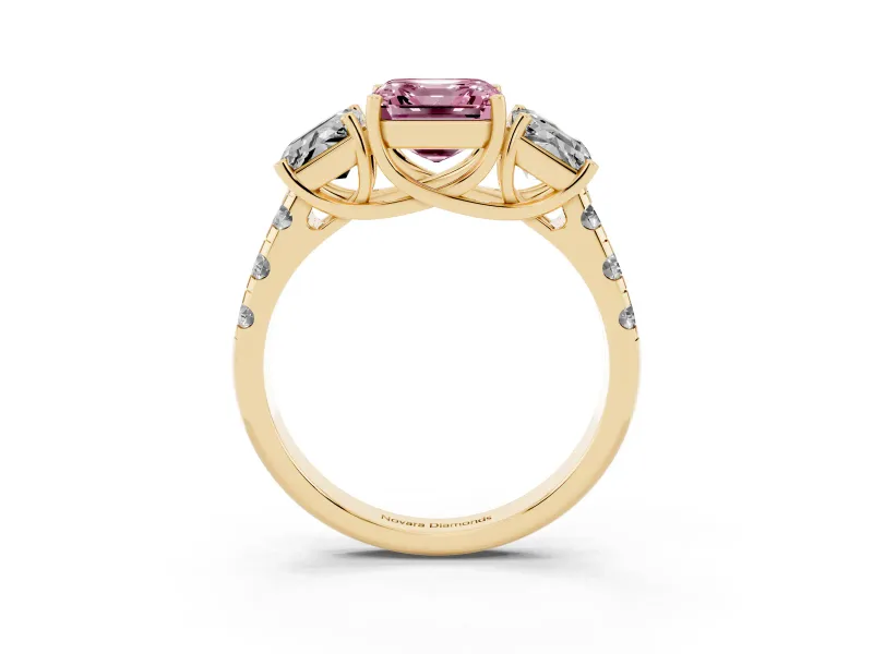 Asscher Cut Three Stone Engagement Ring Setting for a Fancy Pink Lab-Grown Diamond | Accented Shoulders | Yellow Gold