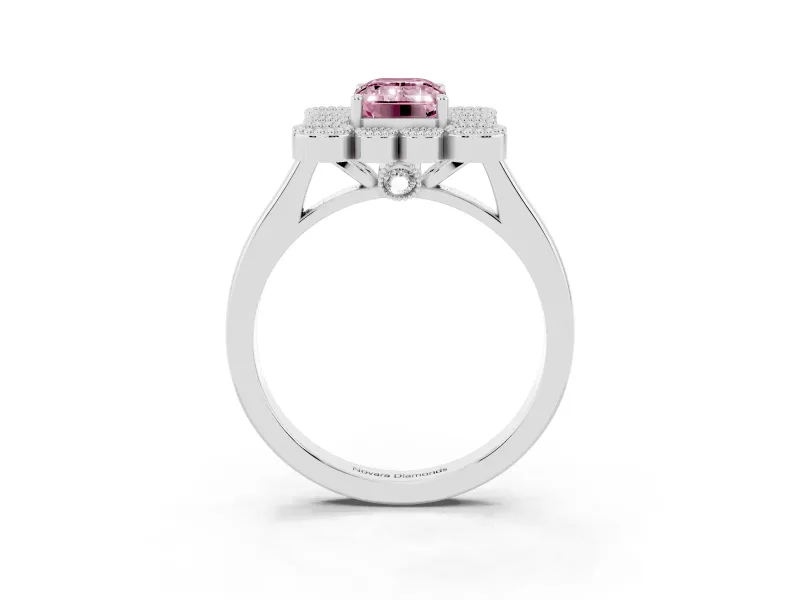 Emerald Cut Milgrain Cluster Halo Engagement Ring Setting for a Fancy Pink Lab-Grown Diamond | Plain Band | Platinum