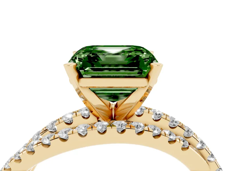 Fancy Green Asscher Cut Diamond Solitaire Twist Band Ring Set in Yellow gold with Pavé Setting and Prong Head