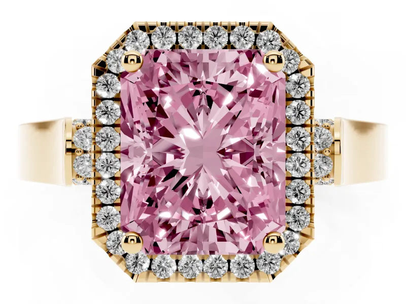 Radiant Cut Halo Engagement Ring Setting for a Fancy Pink Lab-Grown Diamond | Pavé Panel Shoulders | Yellow Gold