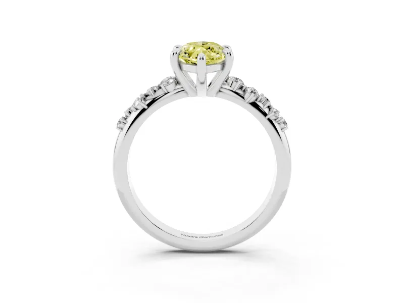 Fancy Yellow Marquise Cut Diamond Solitaire Vine Band Ring Set in Silver with Round Accents and Prong Setting