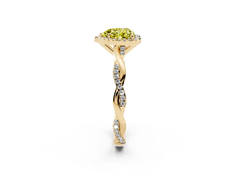 Fancy Yellow Heart Cut Diamond Halo Twisted Band Ring Set in Yellow gold with Prong Setting