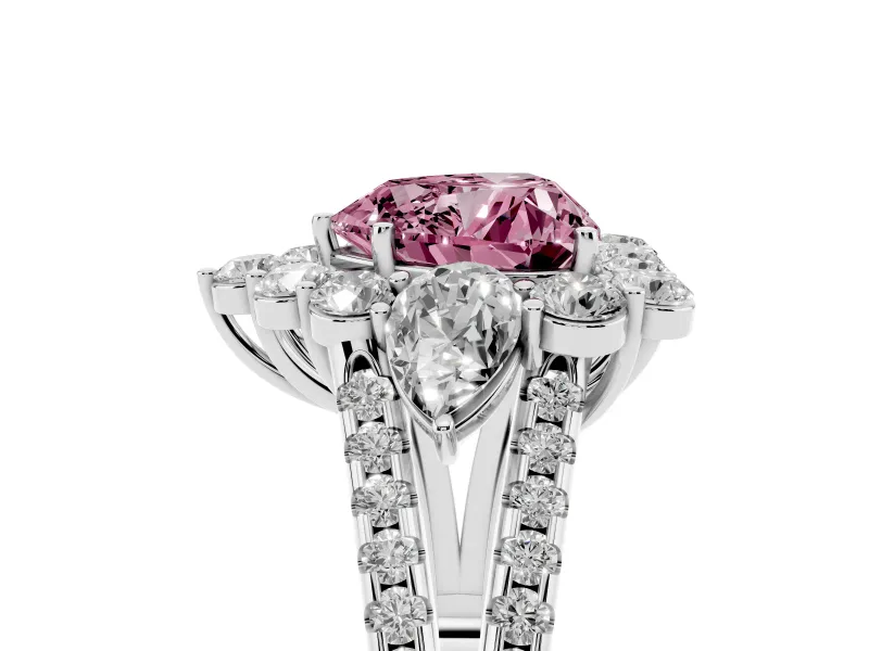 Fancy Pink Heart Cut Diamond Halo Split Shank Engagement Ring Set in Silver with Prong-Held Center Stone