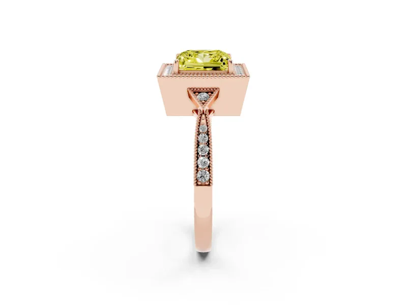Princess Cut Milgrain Halo Engagement Ring Setting for a Fancy Yellow Lab-Grown Diamond | Graduated Pavé | Rose Gold