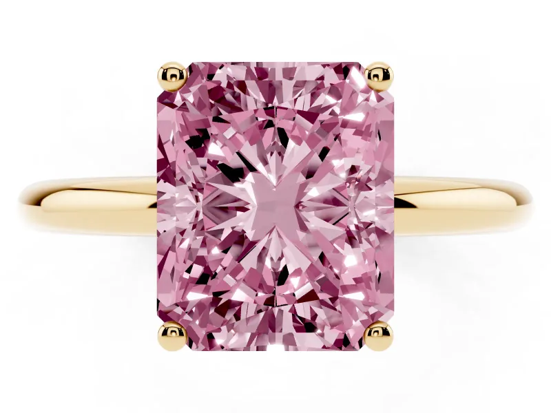 Fancy Pink Radiant Cut Diamond Solitaire Engagement Ring Set in Yellow gold with Prong Setting and Polished Band