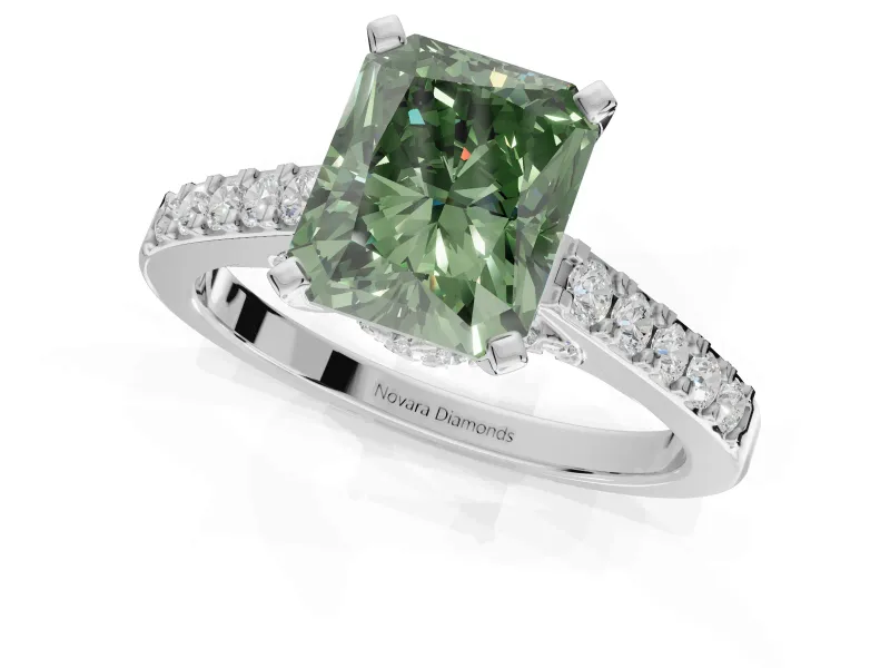 Radiant Cut Pavé Solitaire Engagement Ring Setting for a Fancy Green Lab-Grown Diamond | Crossover Gallery | Platinum