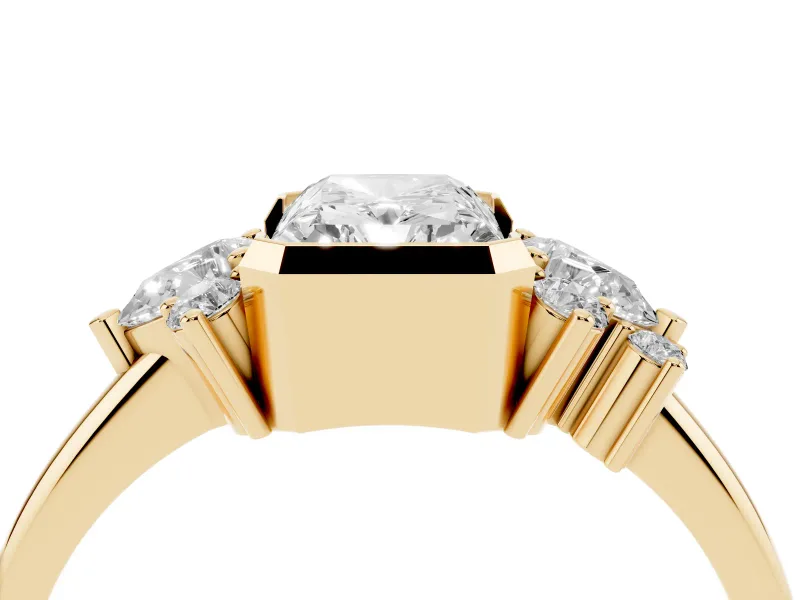 Radiant Cut Pear Side Stone Cluster Engagement Ring Setting | Bezel Frame | Yellow Gold