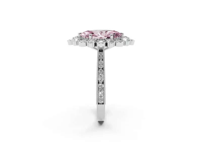 Fancy Pink Marquise Cut Diamond Halo Milgrain Pavé Ring Set in Platinum with Prong Setting