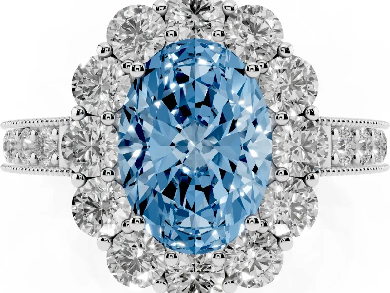 Oval Vintage Halo Engagement Ring Setting for a Fancy Blue Lab-Grown Diamond | Platinum