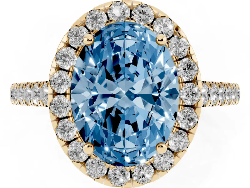 Oval Halo Engagement Ring Setting for a Fancy Blue Lab-Grown Diamond | Pave Shoulders | Yellow Gold