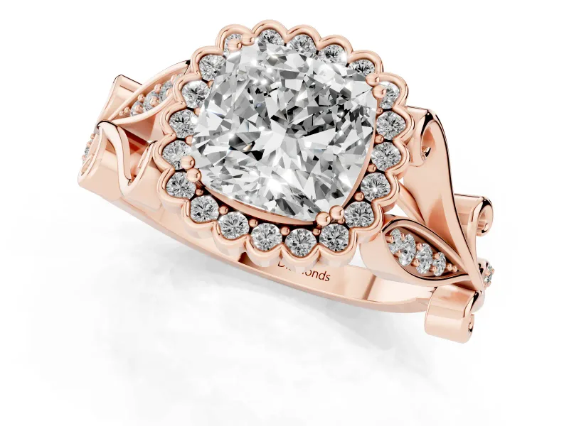 Cushion Cut Vintage Leaf Halo Engagement Ring Setting | Graduated Vine Shank | Rose Gold