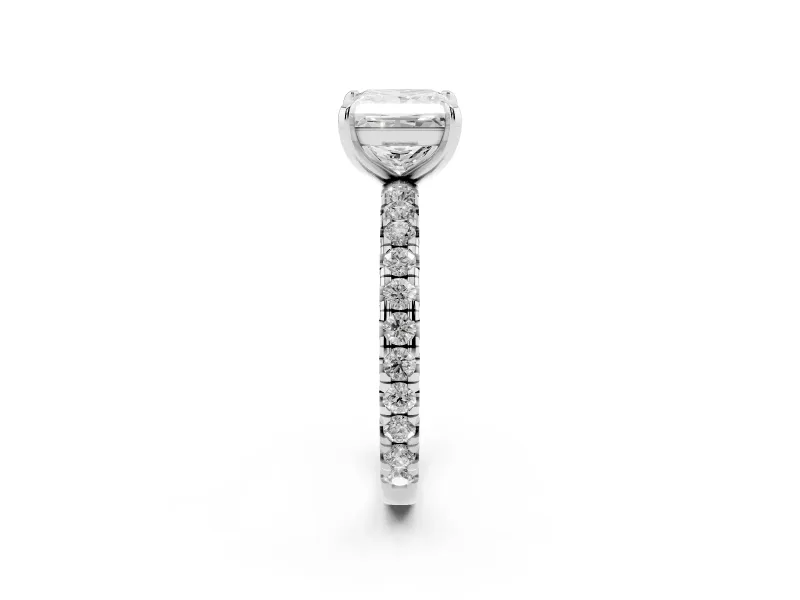 Princess Cut Diamond Pavé Solitaire Ring Set in White gold with Round Band and Prong Setting