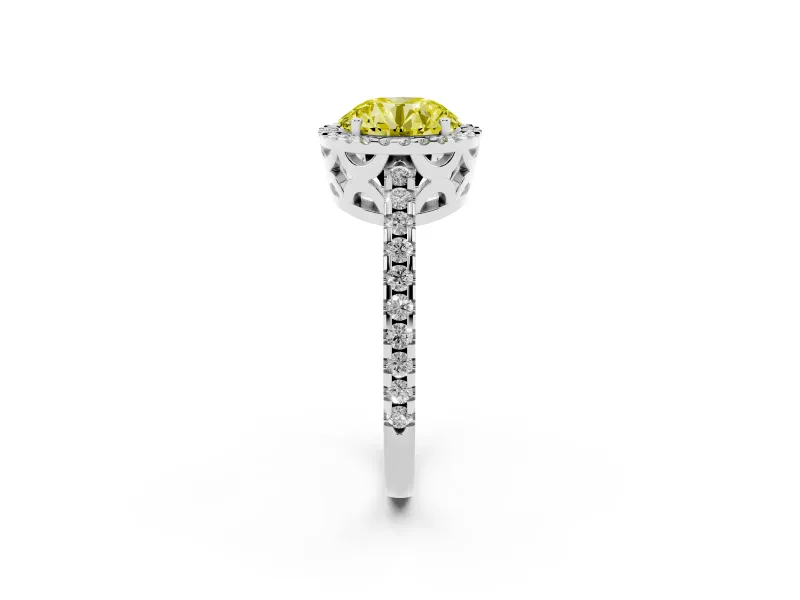 Round Pave Halo Engagement Ring Setting for a Fancy Yellow Lab-Grown Diamond | Sterling Silver