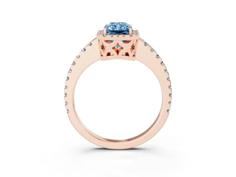 Radiant Cut Pave Halo Engagement Ring Setting for a Fancy Blue Lab-Grown Diamond | Rose Gold
