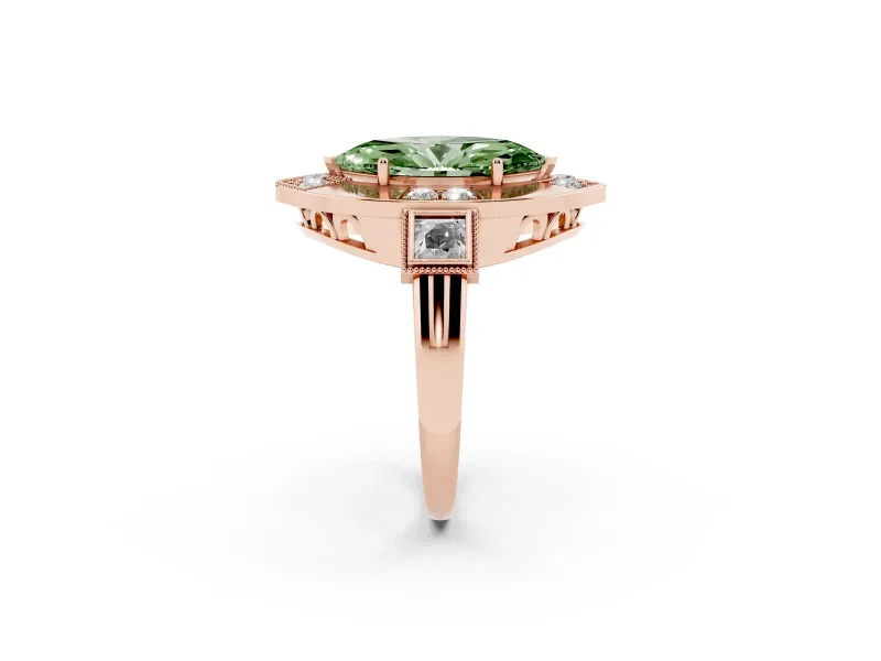 Fancy Green Marquise Cut Diamond Milgrain Halo Ring Set in Rose gold with Split Shank