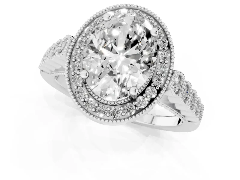 Oval Milgrain Halo Engagement Ring Setting | Graduated Bezel Accents | White Gold