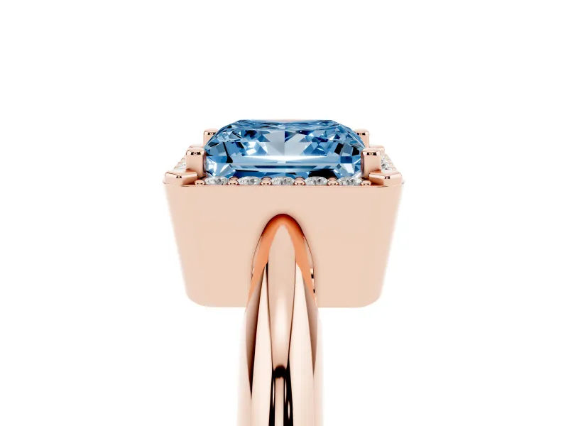 Fancy Blue Princess Cut Diamond Halo Engagement Ring Set in Rose gold with Plain Split Shank and Prong Setting