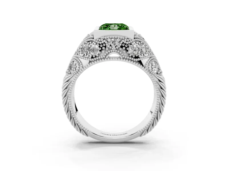 Fancy Green Princess Cut Diamond Bezel Ring Set in Silver with Milgrain Accent Band
