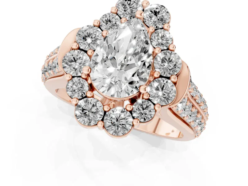 Pear Cut Diamond Halo Engagement Ring Set in Rose gold with Split Shank and Prong Setting