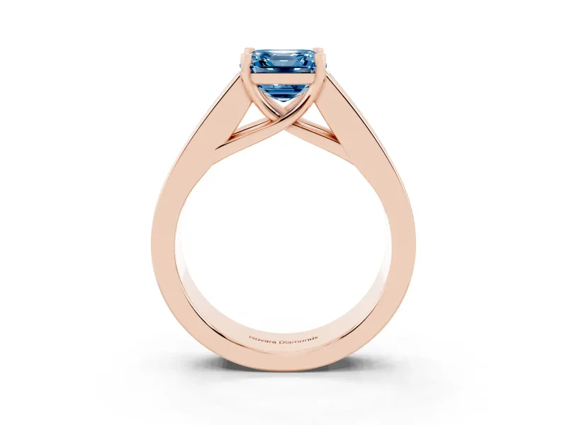 Fancy Blue Asscher Cut Diamond Solitaire Ring Set in Rose gold with Channel-Set Accent Stones and Prong Setting