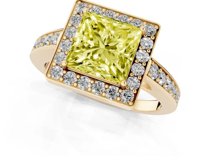 Fancy Yellow Princess Cut Diamond Halo Pavé Engagement Ring Set in Yellow gold with Bezel Setting
