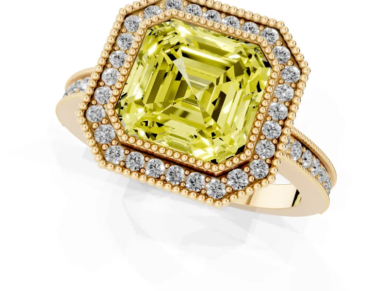 Fancy Yellow Asscher Cut Diamond Halo Ring Set in Yellow gold with Pavé Band and Milgrain-Edged Prongs