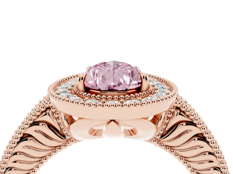 Fancy Pink Pear Cut Diamond Halo Ring Set in Rose gold with Round Accent Halo, Pavé Band and Prong Setting