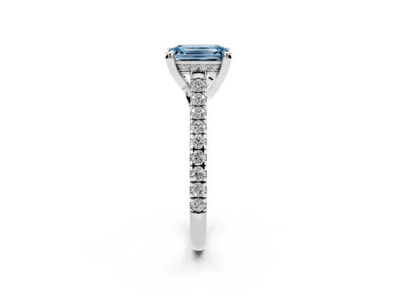 Emerald Cut Hidden Halo Pave Engagement Ring Setting for a Fancy Blue Lab-Grown Diamond | Claw Prongs | Platinum