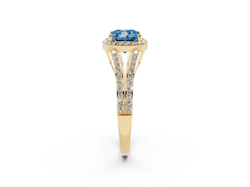 Cushion Cut Halo Engagement Ring Setting for a Fancy Blue Lab-Grown Diamond | V-Split Pavé Band | Yellow Gold