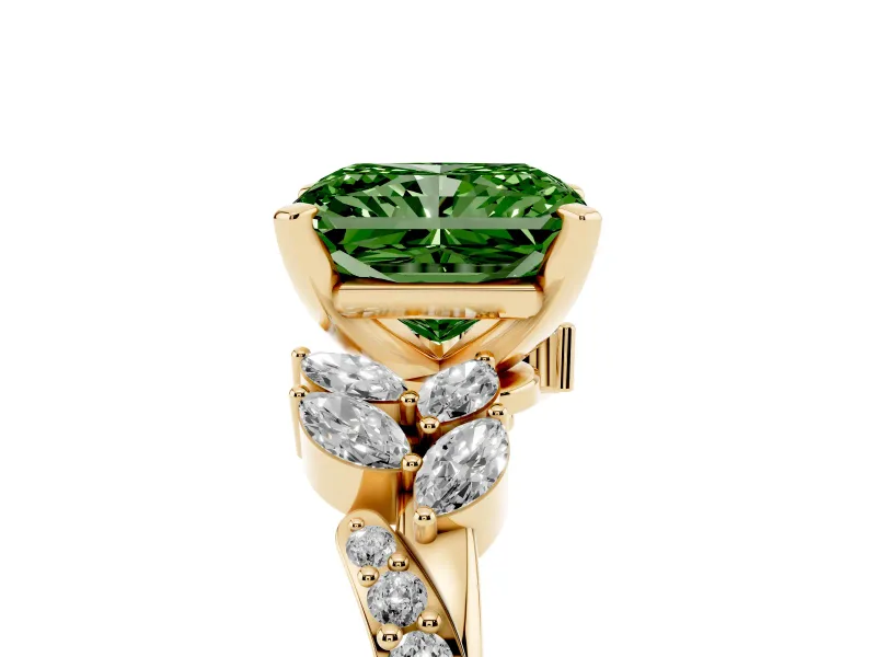 Fancy Green Radiant Cut Diamond Solitaire Ring Set in Yellow gold with Marquise Twist Band and Prong Setting
