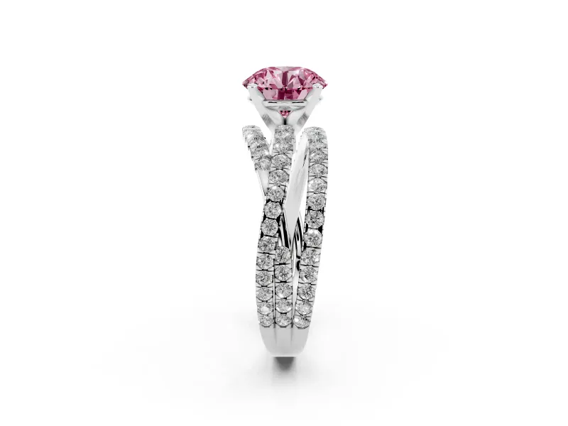 Fancy Pink Round Cut Diamond Solitaire Twist Band Ring Set in Platinum with Pavé Setting and Prong Head