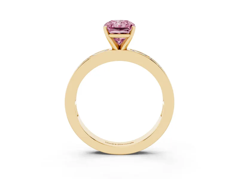 Fancy Pink Radiant Cut Diamond Solitaire Ring Set in Yellow gold with Channel-Set Baguette Band and Prong Setting