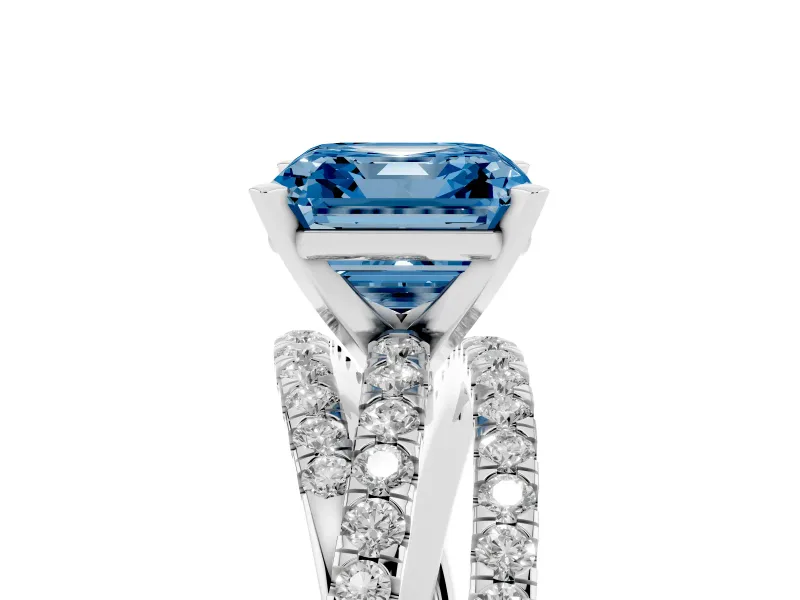 Fancy Blue Asscher Cut Diamond Solitaire Twist Band Ring Set in Silver with Pavé Setting and Prong Head